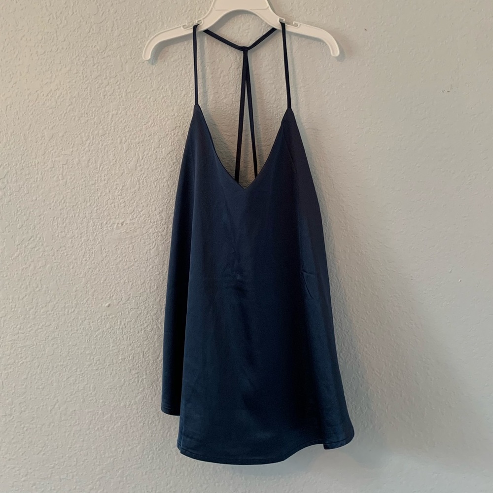 Blue faux satin top.